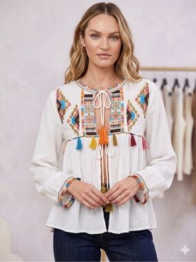 RD+Koko Embroidered Boho Blouse M White Rayon Cotton Tassel Peplum Top Festival
